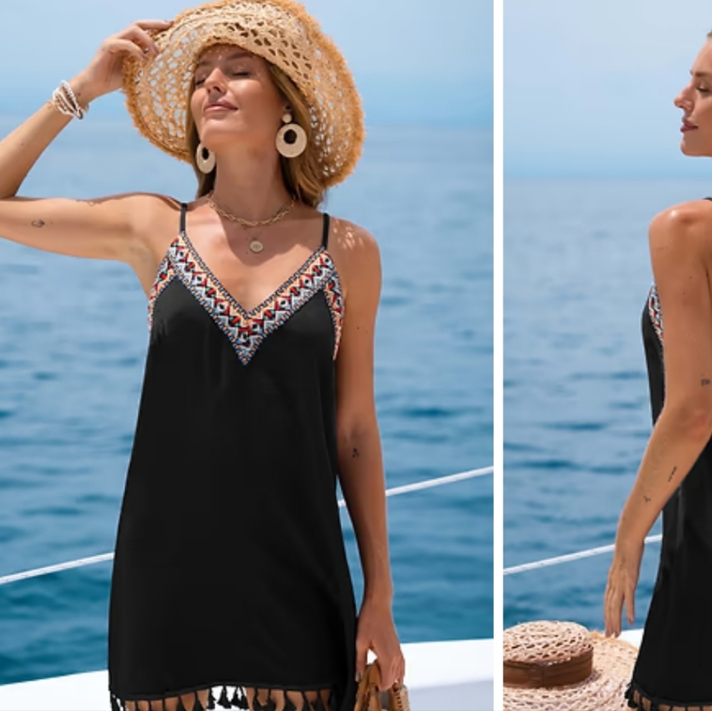 Cupshe Black and Multicolor Embroidered Swim Cover-Up